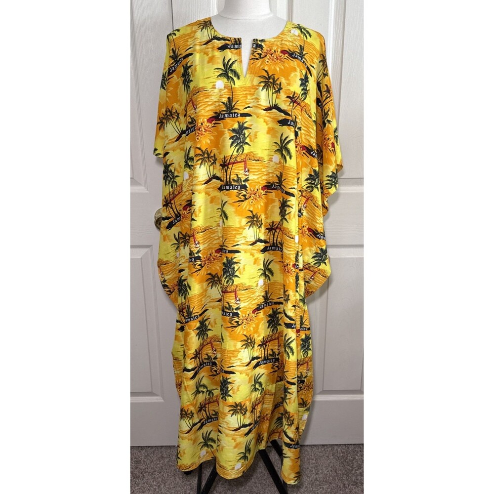 Creations Jamaica Yellow Sunset Palm Trees MuuMuu Maxi Caftan Lounger - OS Plus